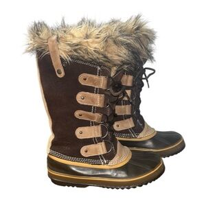 Sorel Joan Of Arctic Winter Boots Tall Laceup Brown Tan Laces Rubber Warm Duck 8